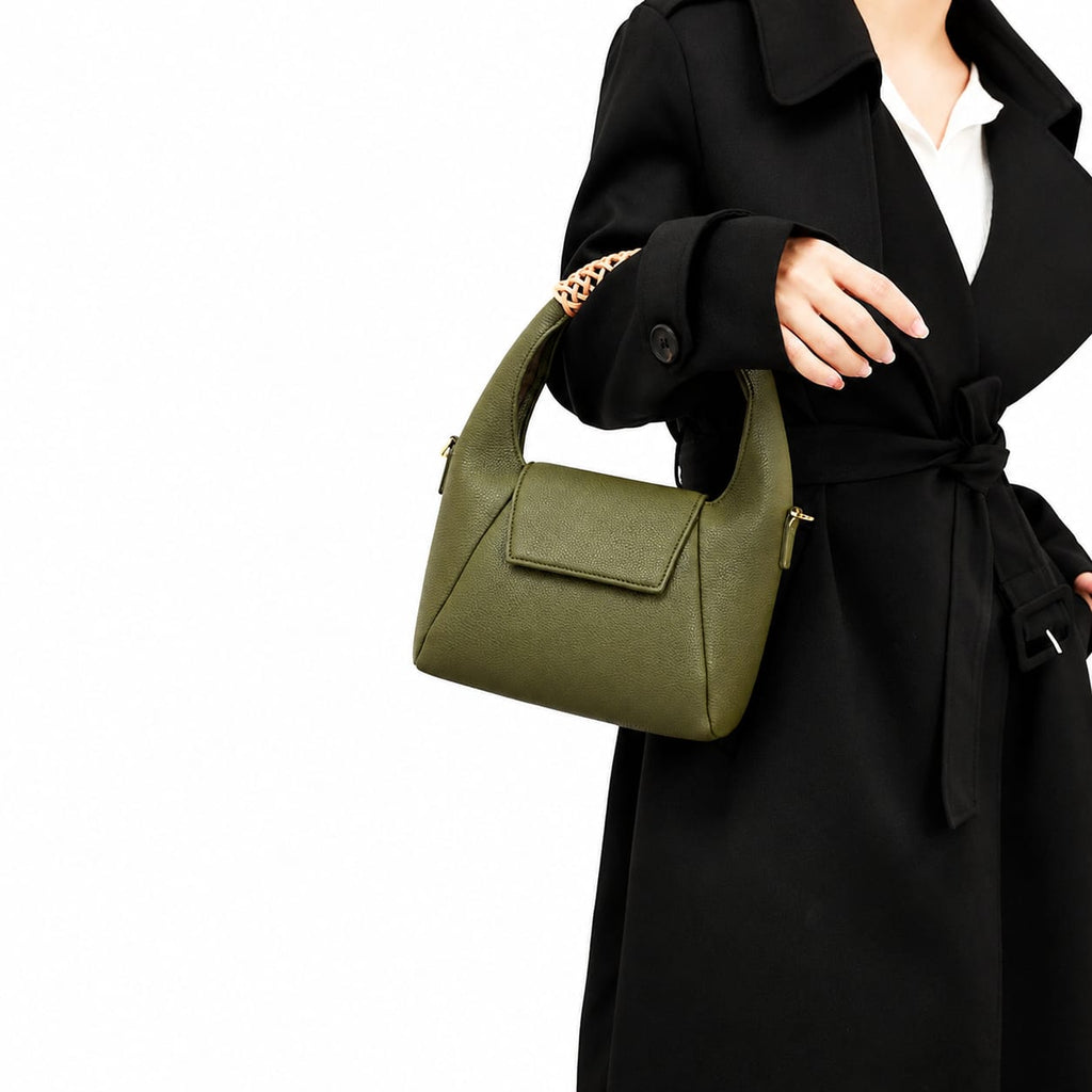 Olive Green Woven Handle Shoulder Bag