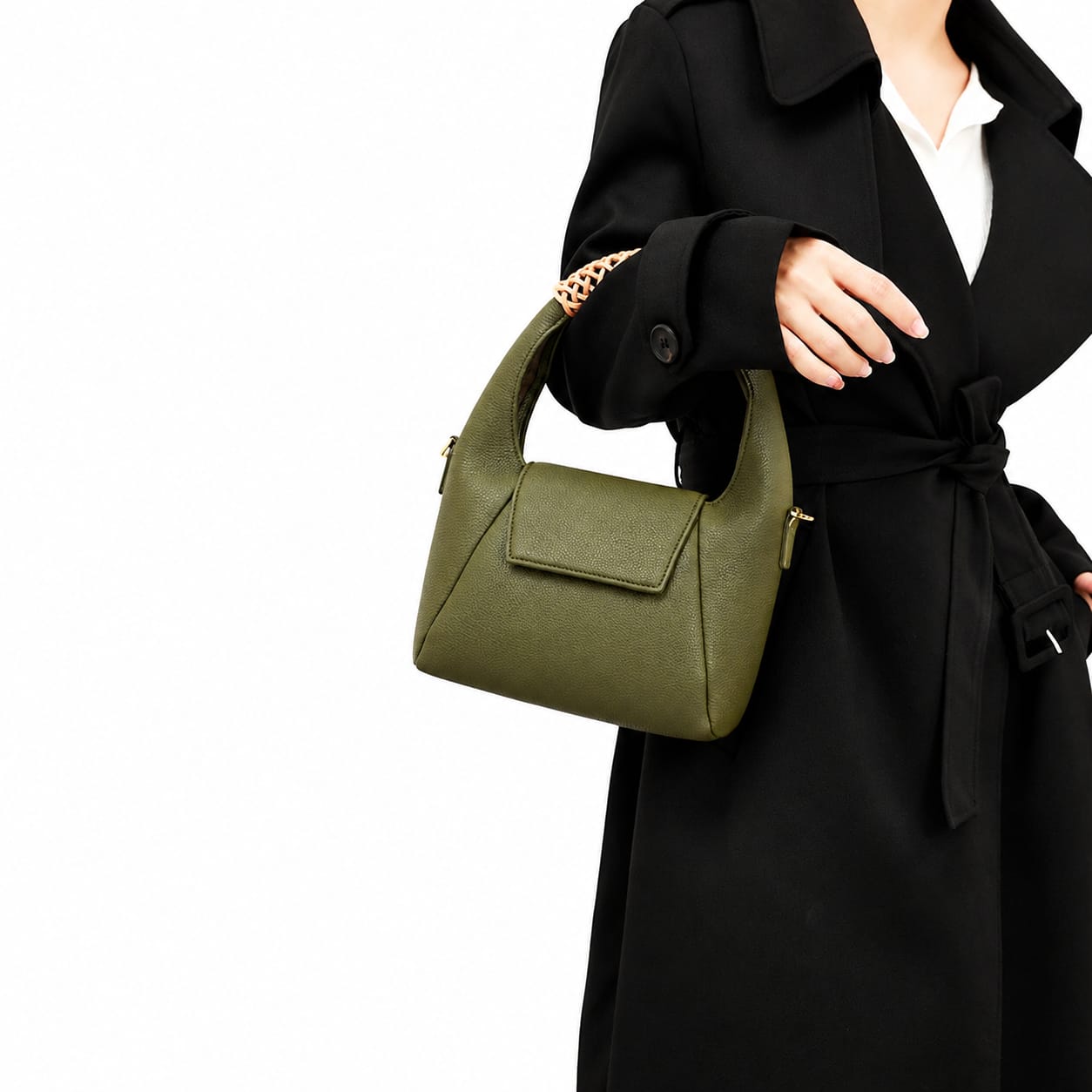 Olive Green Woven Handle Shoulder Bag