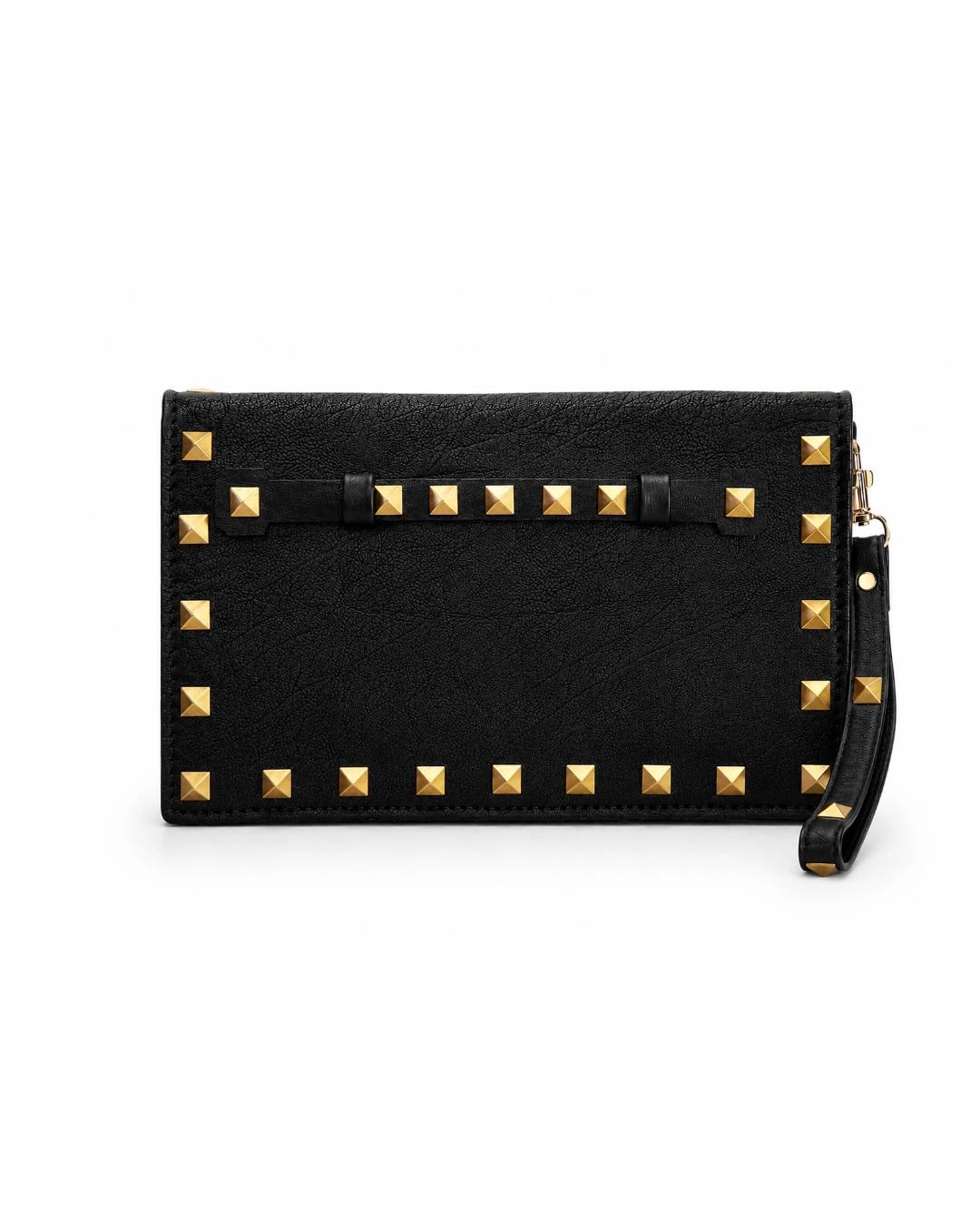 Studded Black Faux Leather Wristlet Clutch