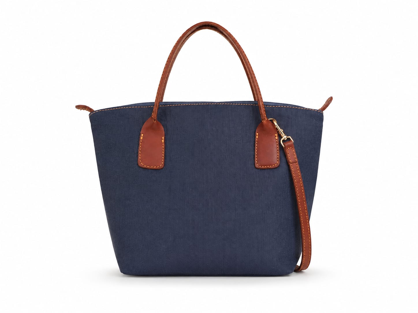 Classic Navy Canvas Tote Bag with Tan Leather Handles & Crossbody Strap