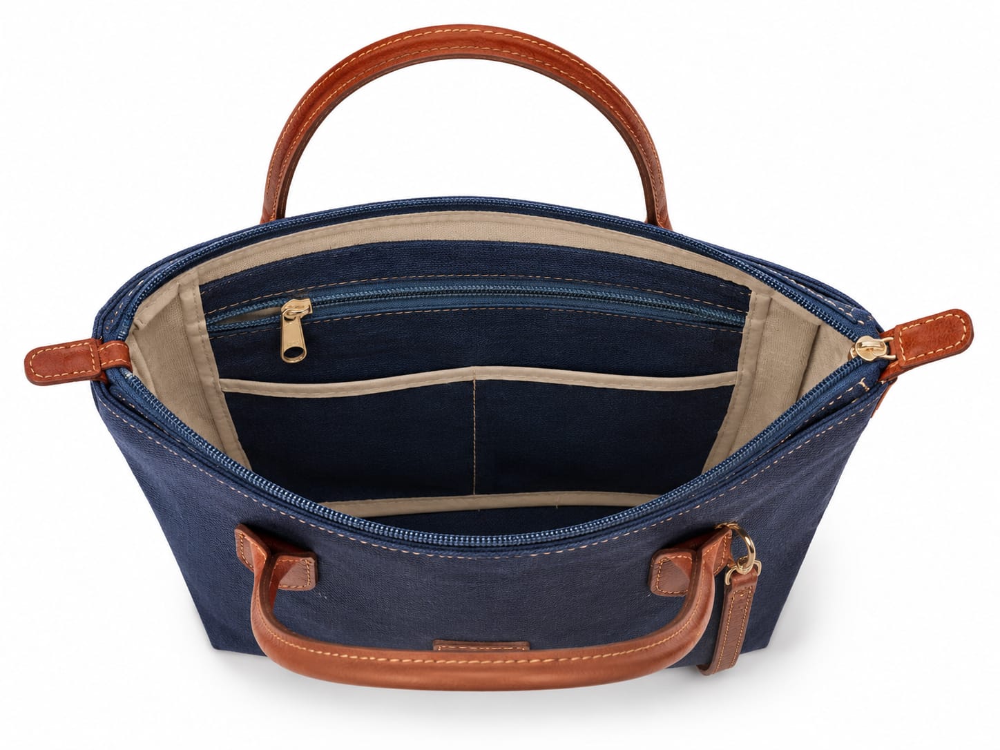 Classic Navy Canvas Tote Bag with Tan Leather Handles & Crossbody Strap