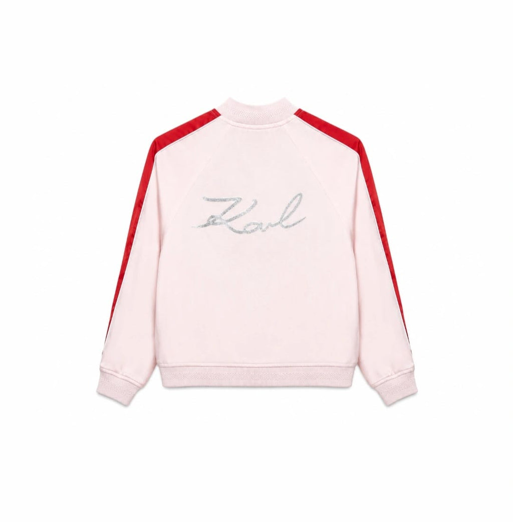 Karl Lagerfeld Kids Logo Bomber Jacket in Light Pink with Red Panels