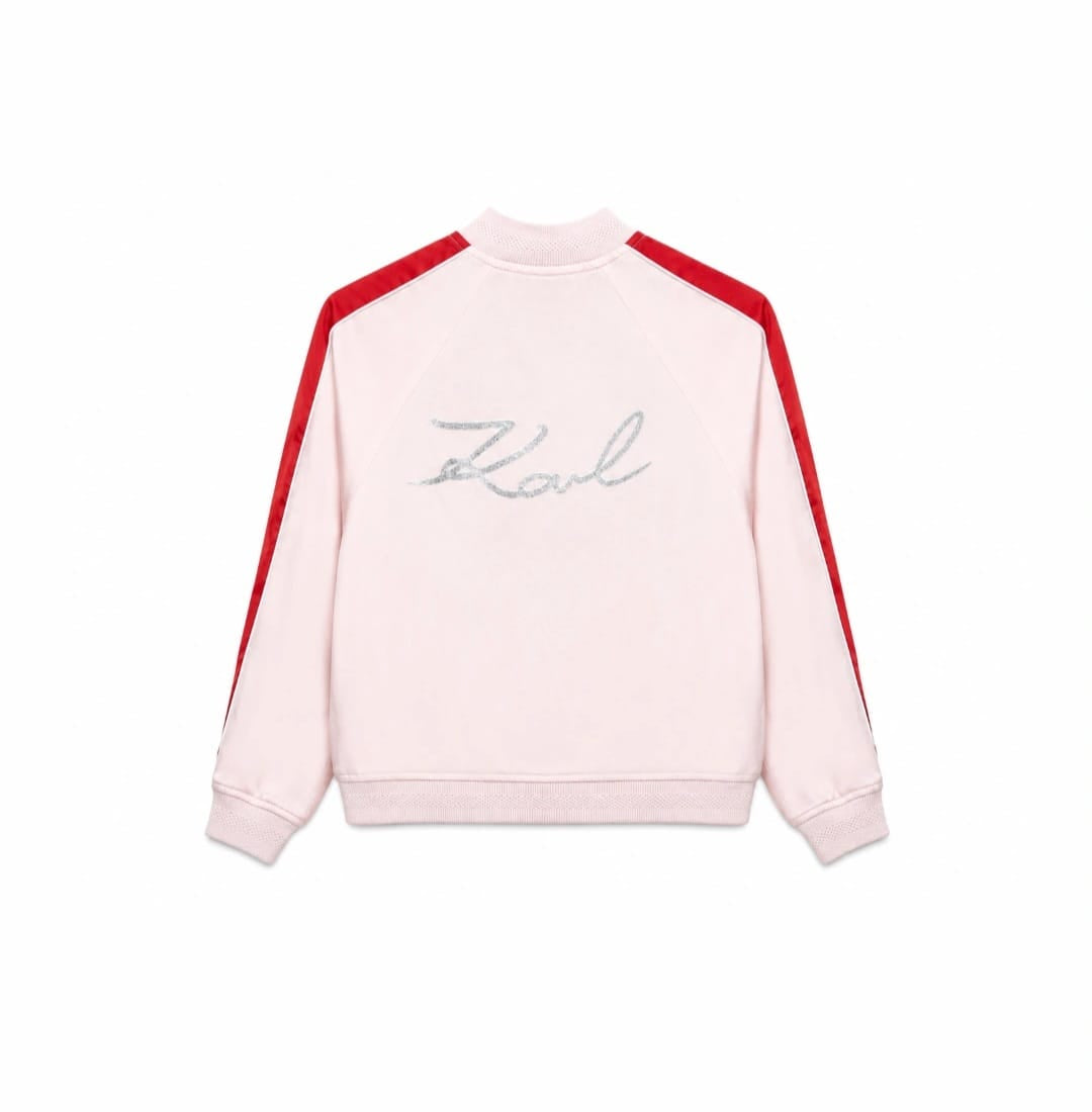 Karl Lagerfeld Kids Logo Bomber Jacket in Light Pink with Red Panels