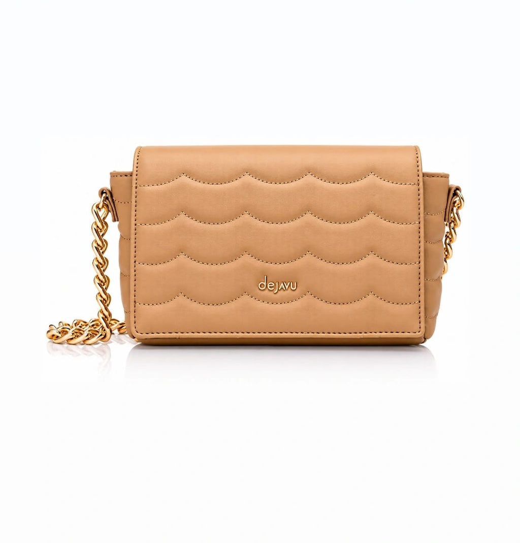 Dejavu Quilted Chain Crossbody Bag – Beige