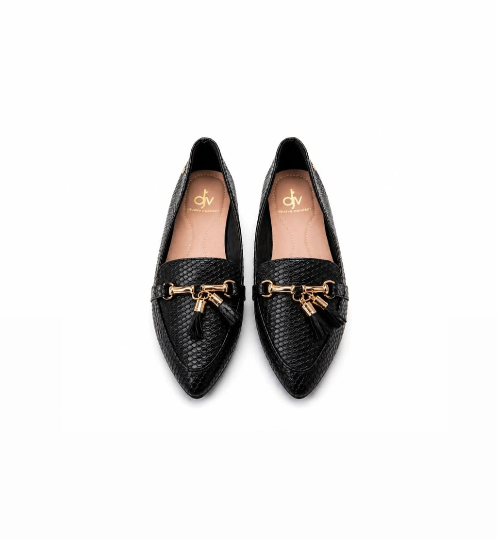 DV Black Textured Tassel Loafers – Pointed Toe Flat Shoes