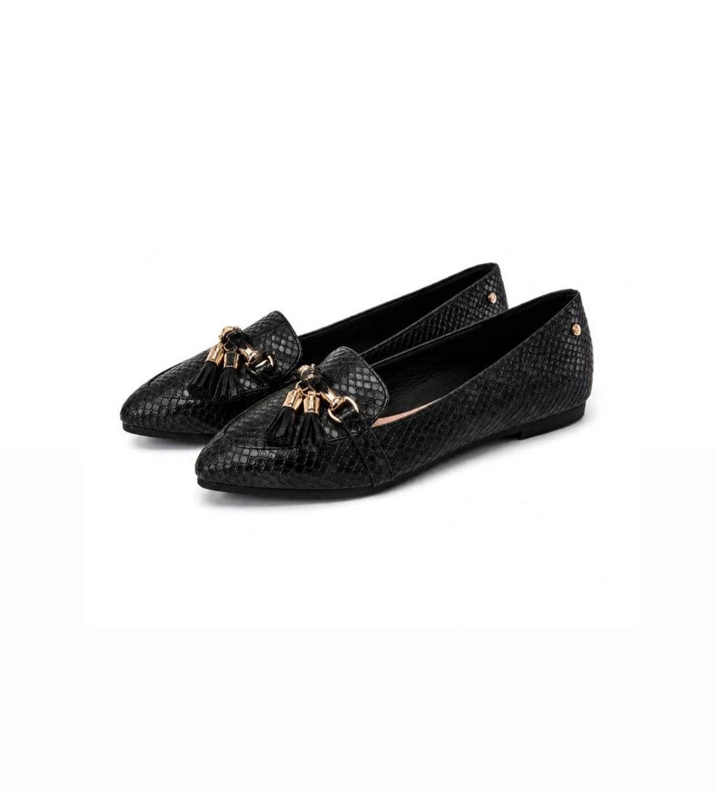 DV Black Textured Tassel Loafers – Pointed Toe Flat Shoes