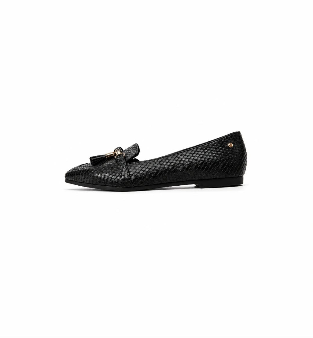 DV Black Textured Tassel Loafers – Pointed Toe Flat Shoes