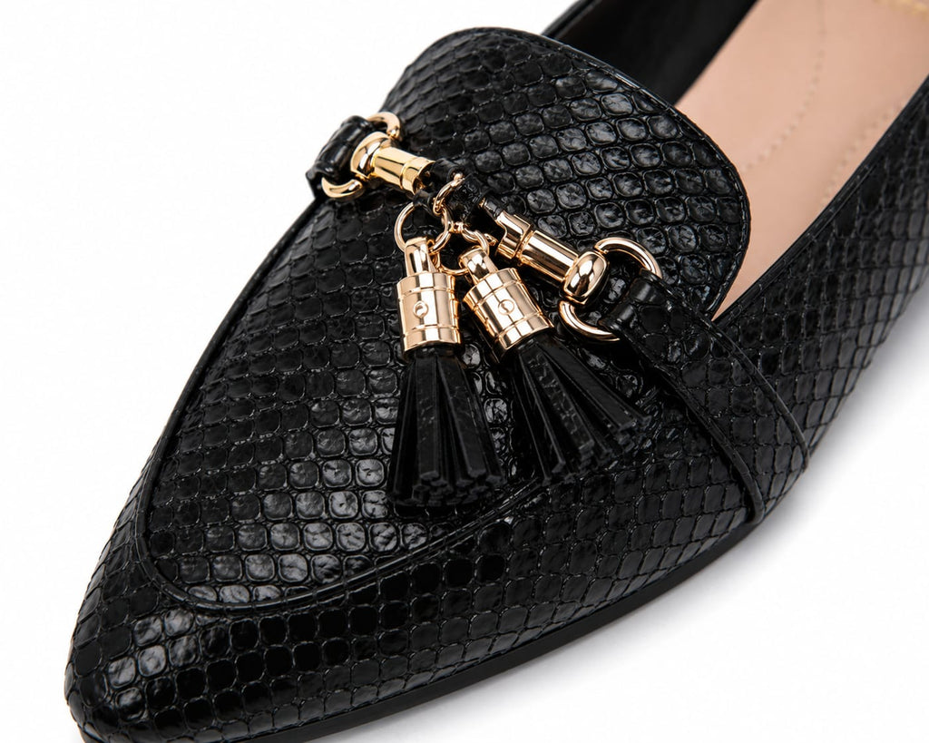 DV Black Textured Tassel Loafers – Pointed Toe Flat Shoes