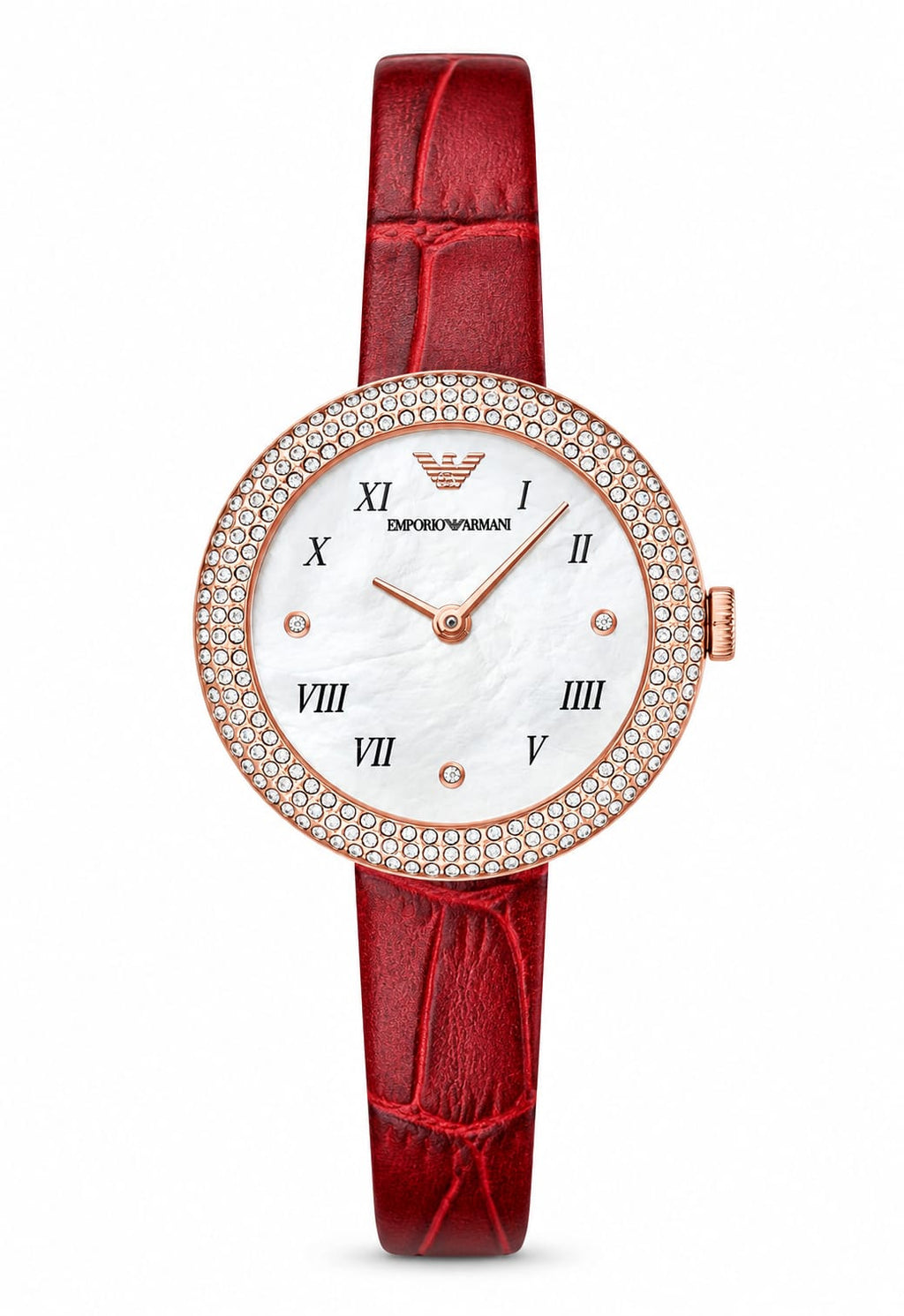 Emporio Armani Women’s Crystal Bezel Red Leather Watch – Rose Gold Tone