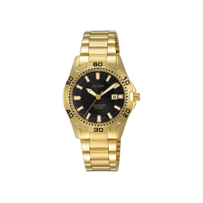 ALBA Men’s Gold-Tone Stainless Steel Watch – Black Dial with Date Display