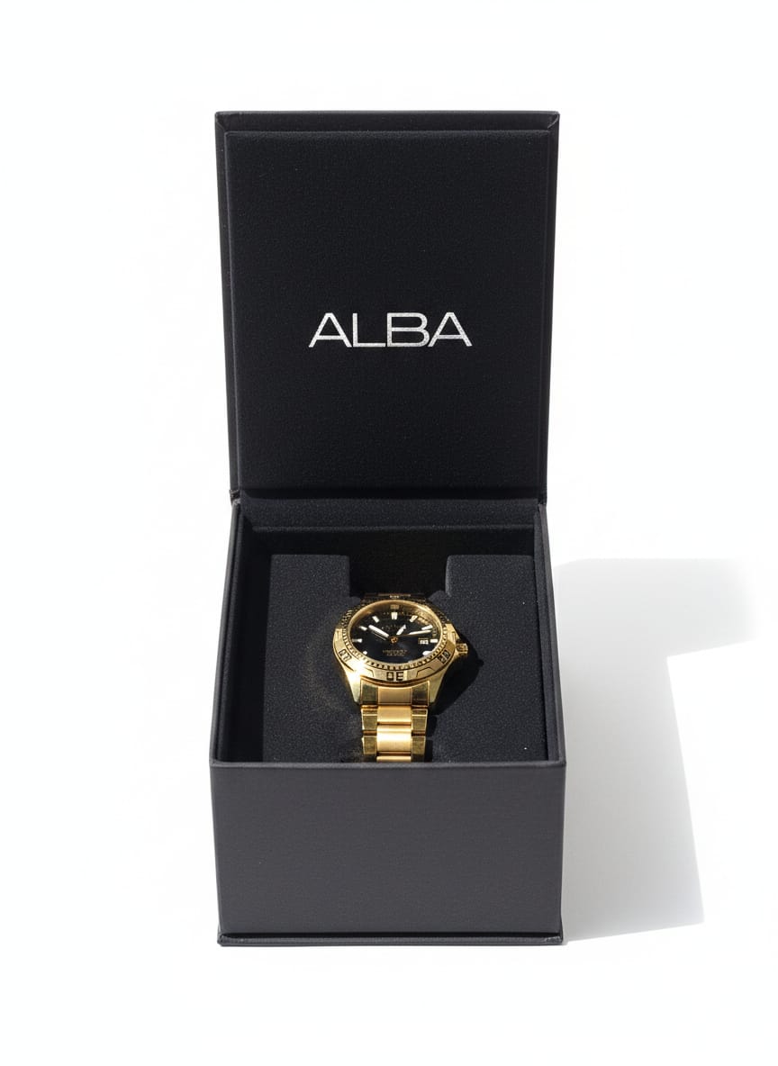 ALBA Men’s Gold-Tone Stainless Steel Watch – Black Dial with Date Display