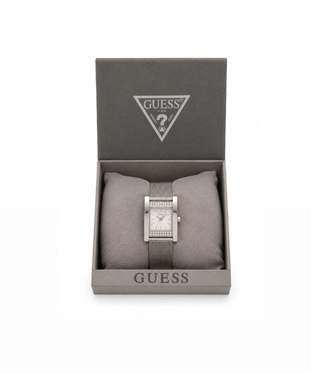 GUESS Women’s Silver Mesh Crystal Watch – Elegant Rectangular Dial