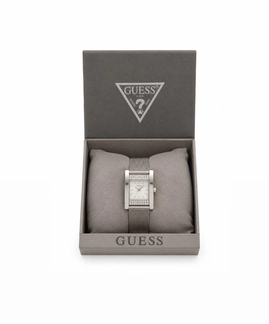 GUESS Women’s Silver Mesh Crystal Watch – Elegant Rectangular Dial
