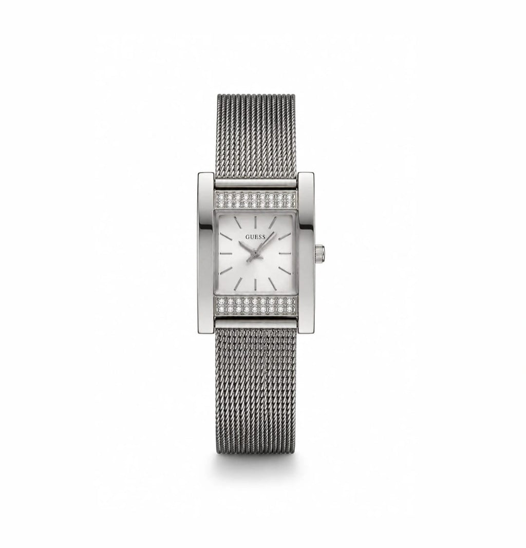 GUESS Women’s Silver Mesh Crystal Watch – Elegant Rectangular Dial
