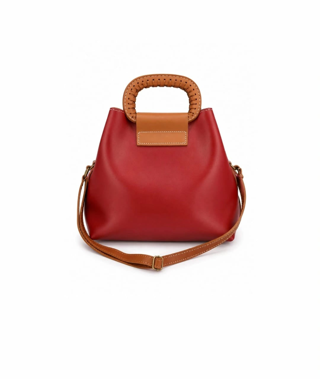 Elegant Two-Tone Tote Bag – Red & Navy Blue with Wooden Accent Handle