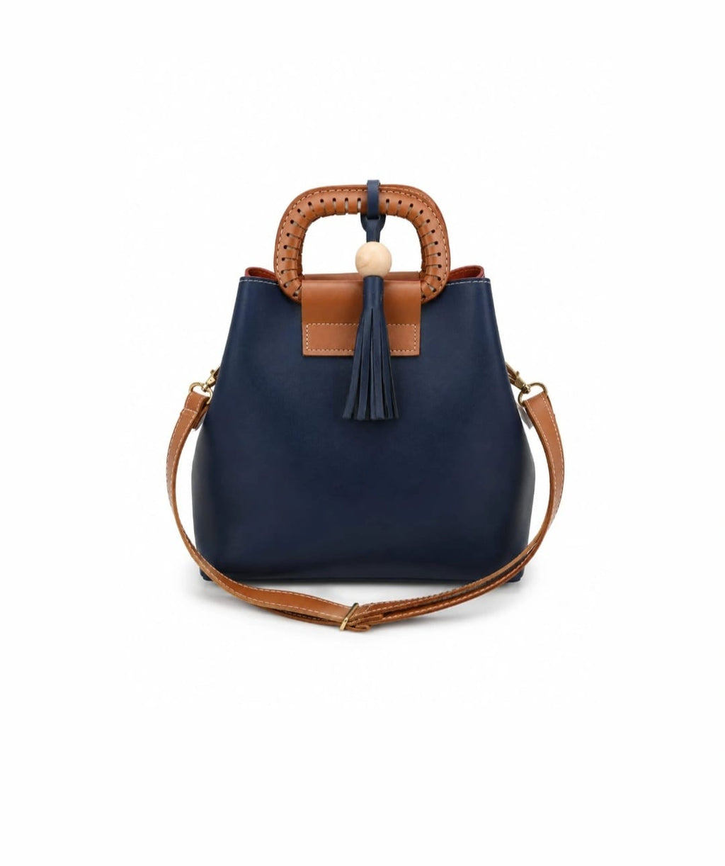 Elegant Two-Tone Tote Bag – Red & Navy Blue with Wooden Accent Handle