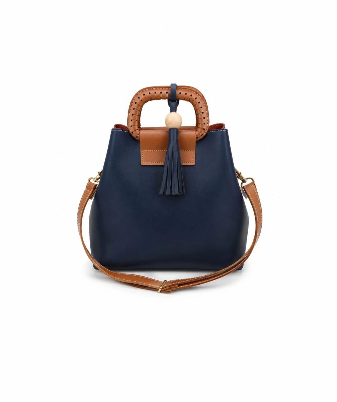 Elegant Two-Tone Tote Bag – Red & Navy Blue with Wooden Accent Handle