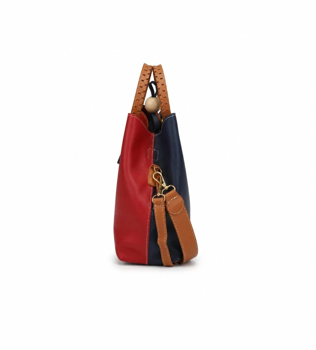 Elegant Two-Tone Tote Bag – Red & Navy Blue with Wooden Accent Handle