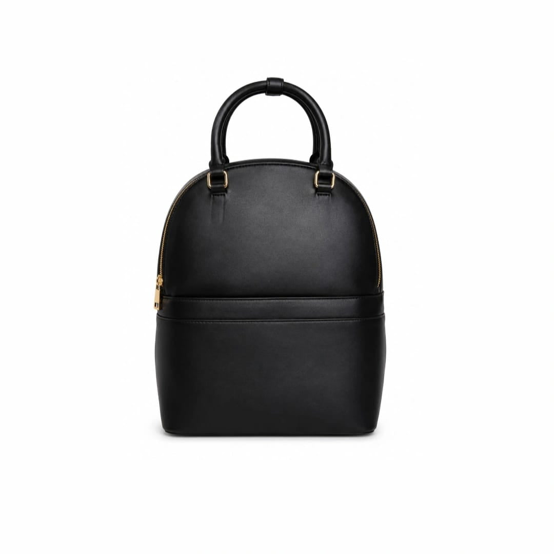 Elegant Black Dome Backpack – Minimal Leather Style with Gold Zipper Details
