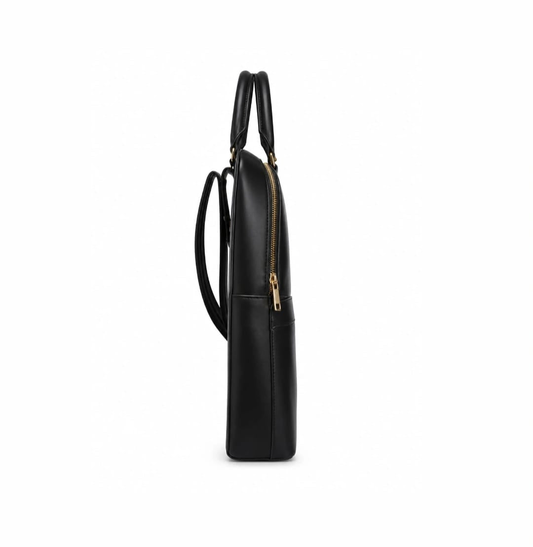 Elegant Black Dome Backpack – Minimal Leather Style with Gold Zipper Details