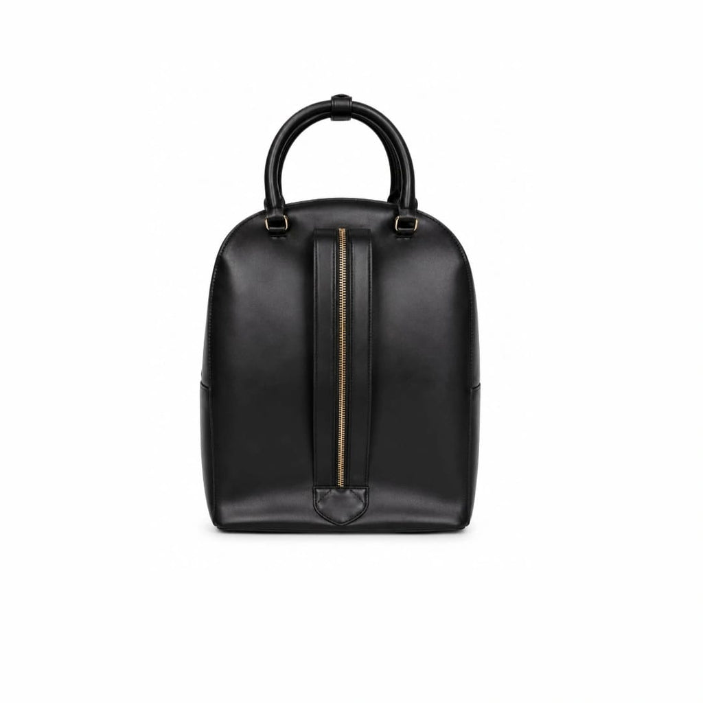 Elegant Black Dome Backpack – Minimal Leather Style with Gold Zipper Details