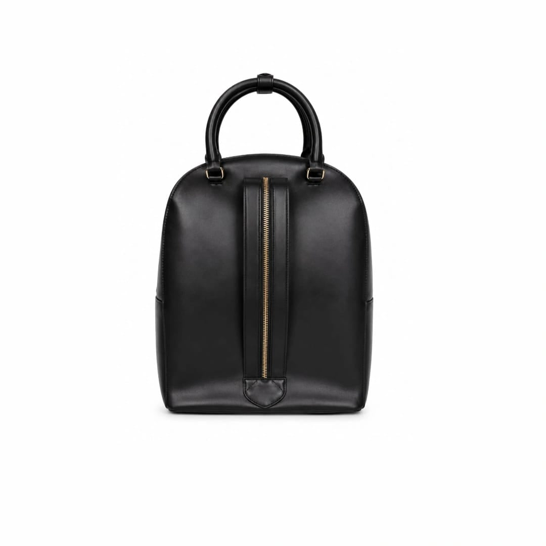 Elegant Black Dome Backpack – Minimal Leather Style with Gold Zipper Details