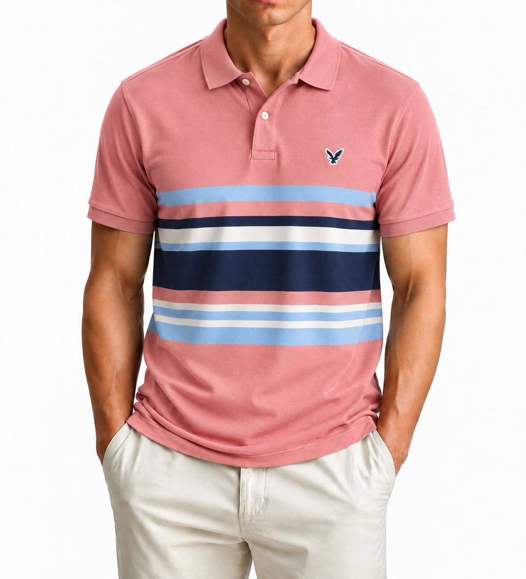 American Eagle Pink Striped Polo Shirt