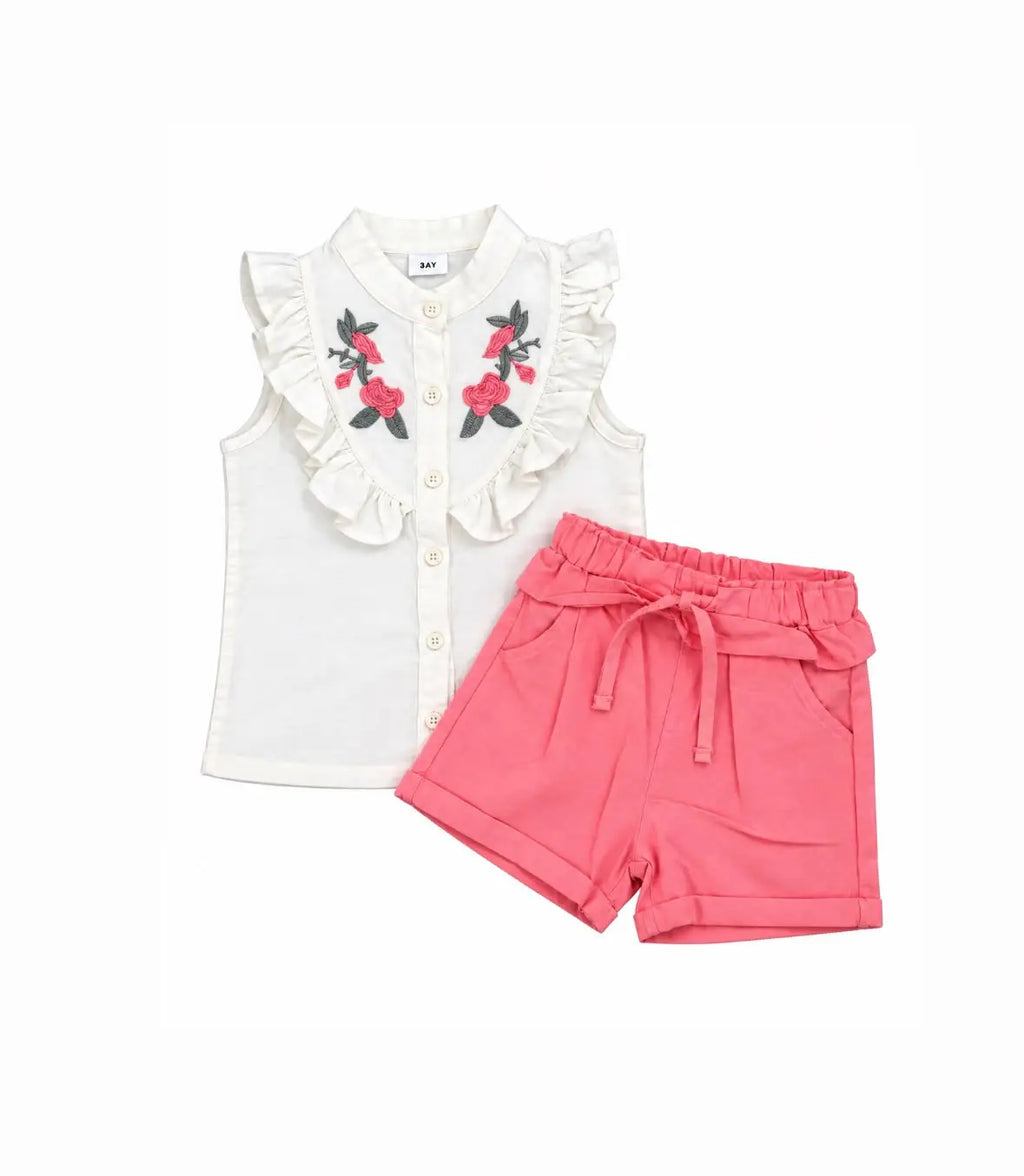 Ruffle Floral Embroidery Shirt & Shorts Set – Girls