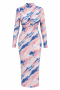 Pink & Blue Tie-Dye Ruched Midi Dress
