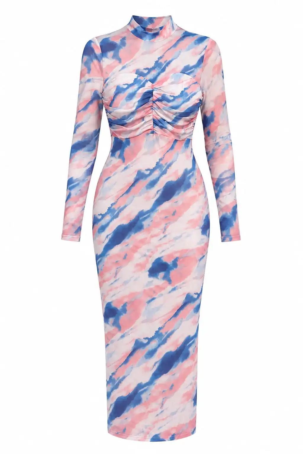 Pink & Blue Tie-Dye Ruched Midi Dress