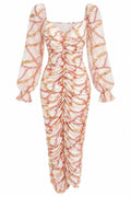 Ivory Chain Print Ruched Maxi Dress