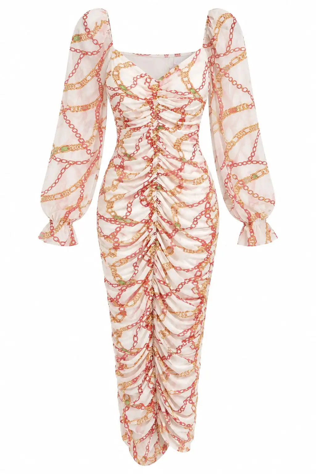 Ivory Chain Print Ruched Maxi Dress