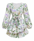 Floral Puff Sleeve Romper with Waist Tie