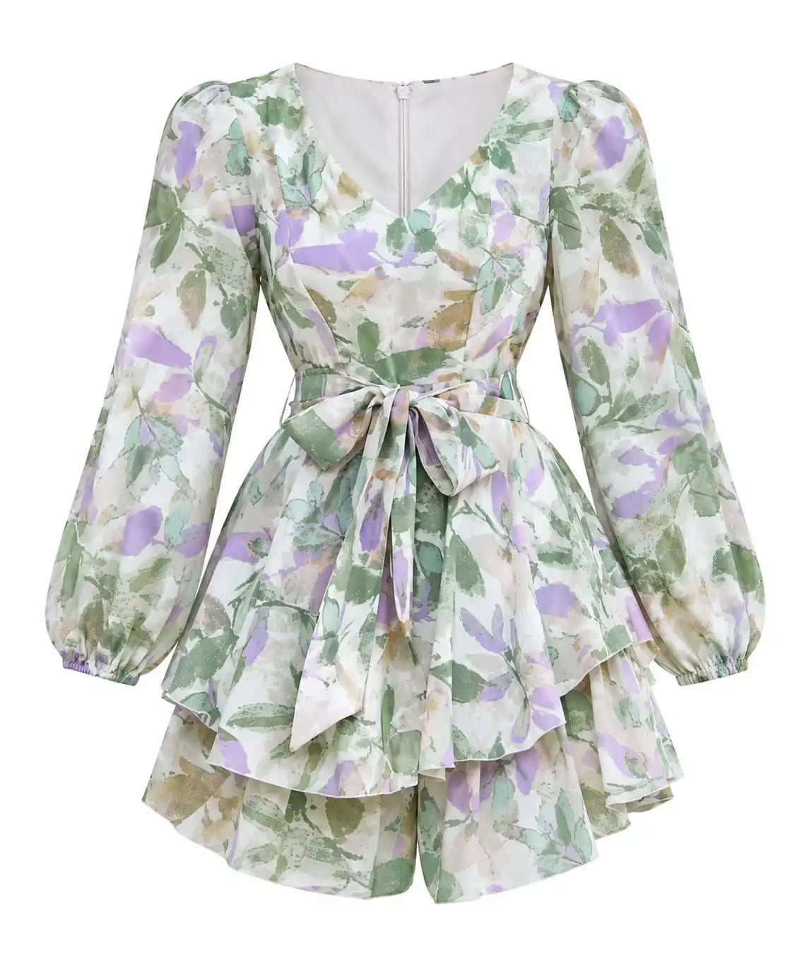 Floral Puff Sleeve Romper with Waist Tie