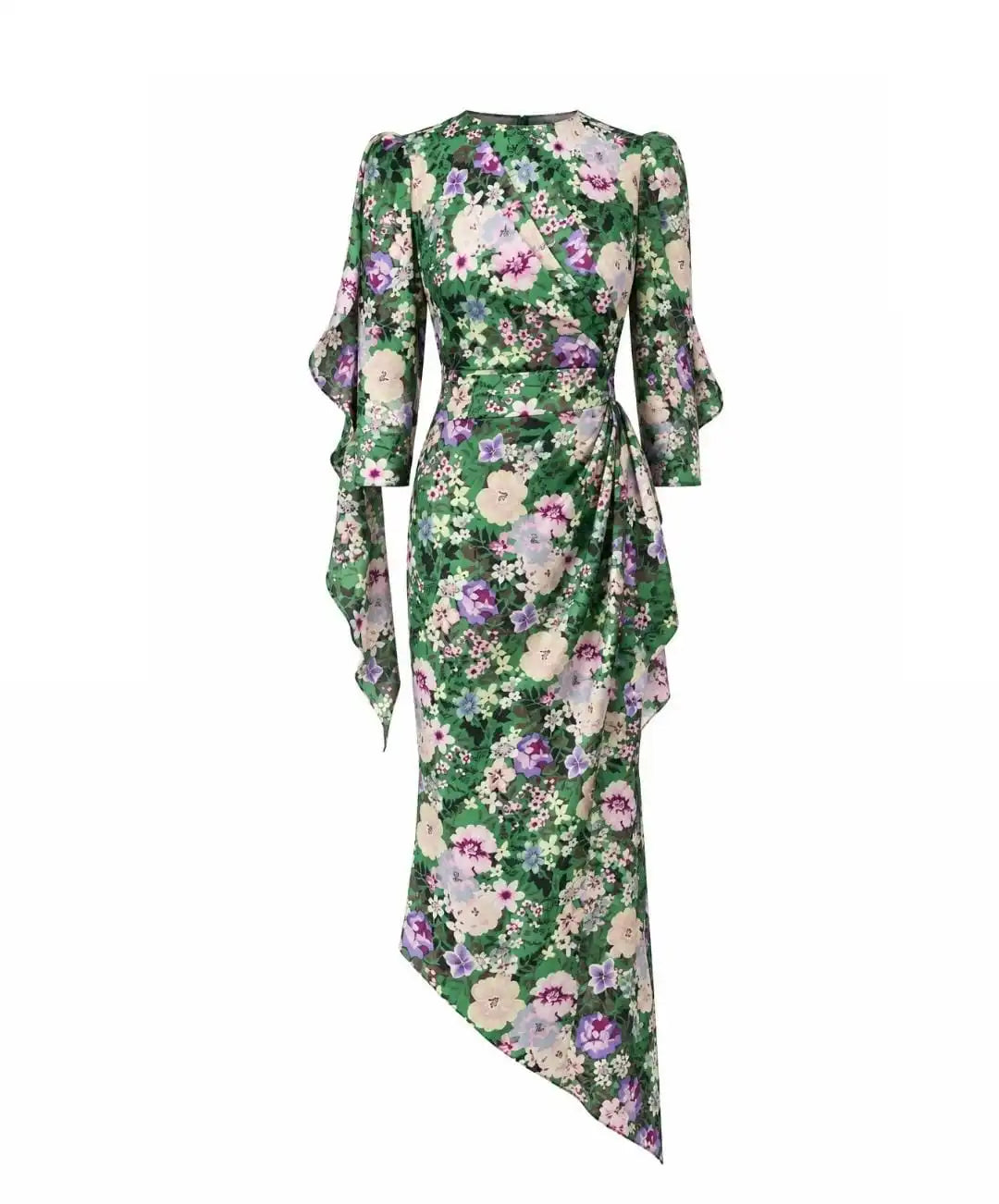 Green Floral Asymmetrical Wrap Dress