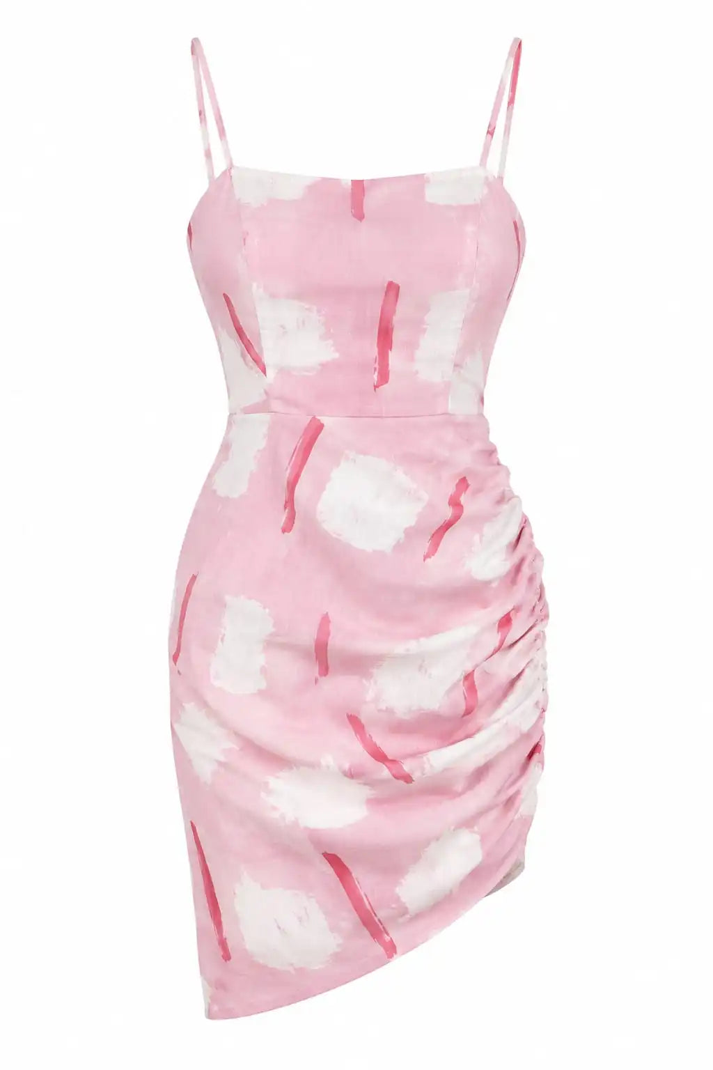 Pink Abstract Print Ruched Mini Dress