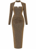 Bronze Gold Ruched Midi Dress