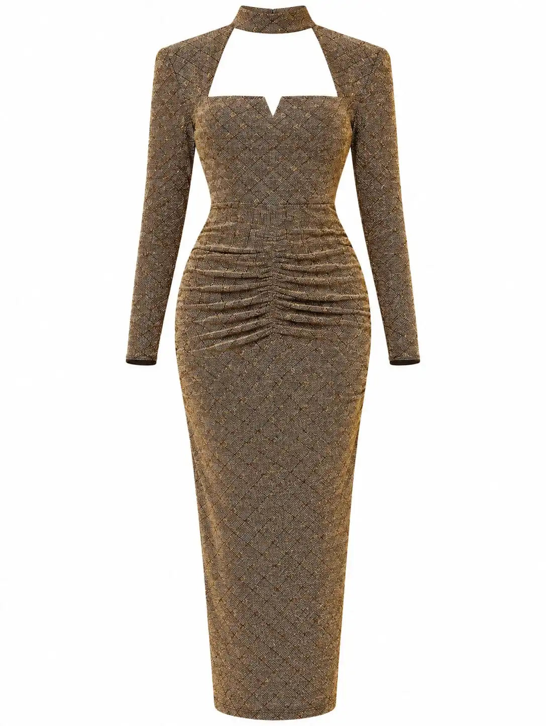 Bronze Gold Ruched Midi Dress