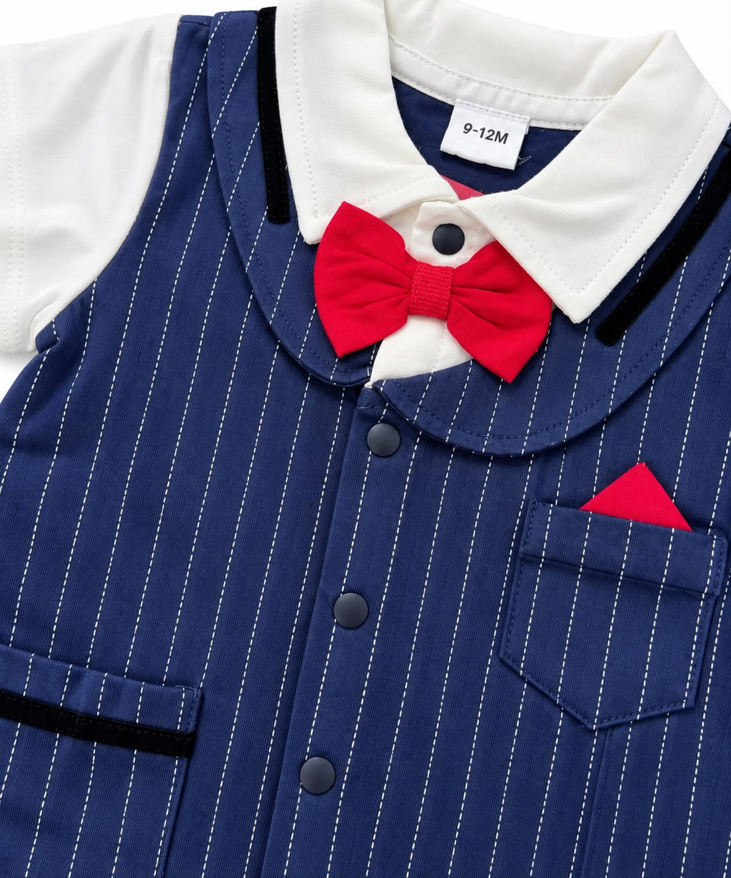 Baby Boy Gentleman Bow Tie Navy Striped Romper