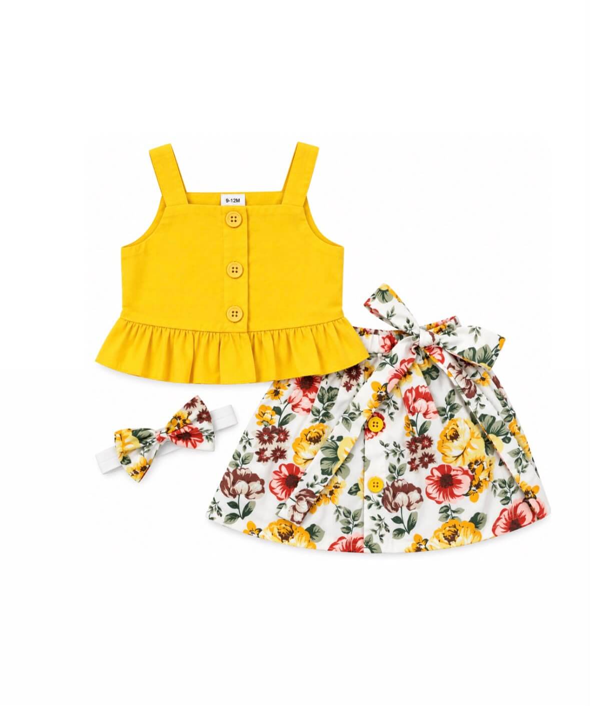Baby Girl Yellow Ruffle Top & Floral Skirt Set with Headband