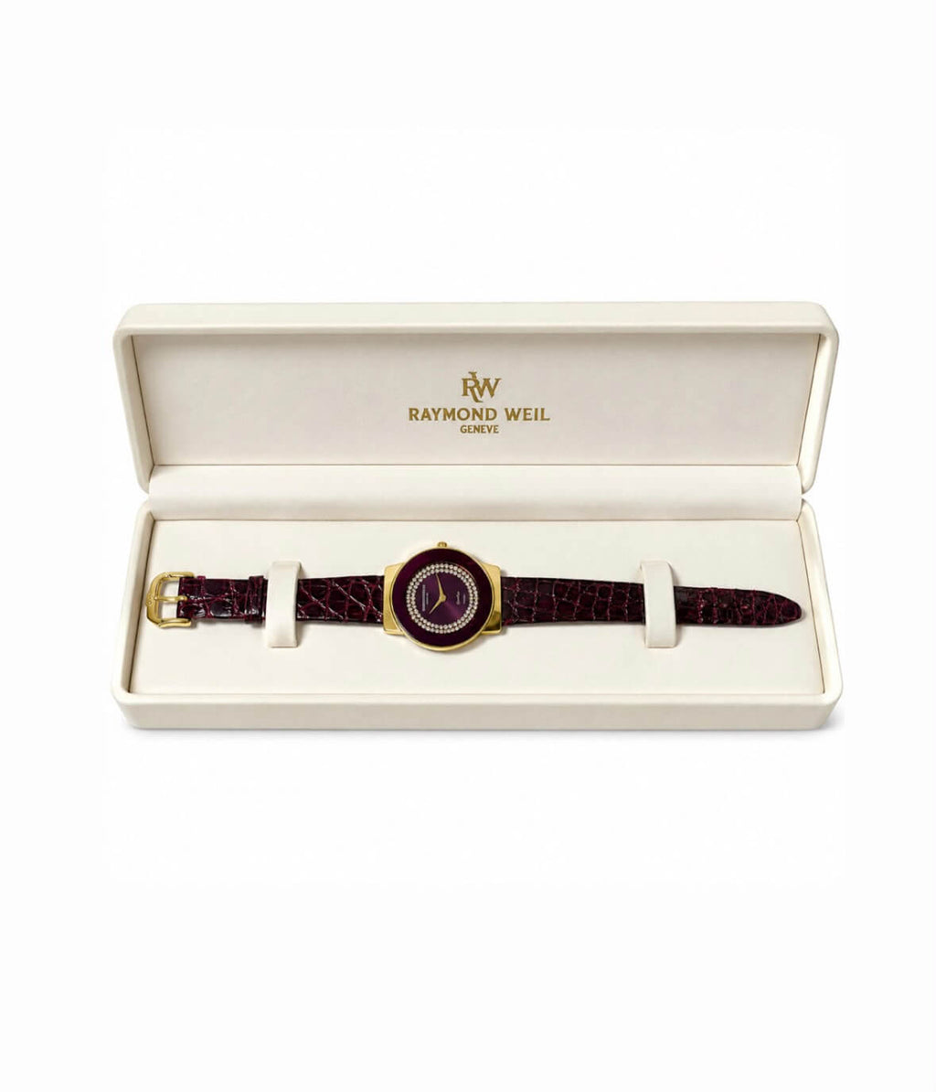 Raymond Weil Genève Othello Women’s Watch – Burgundy Dial, Gold-Tone Case – Used