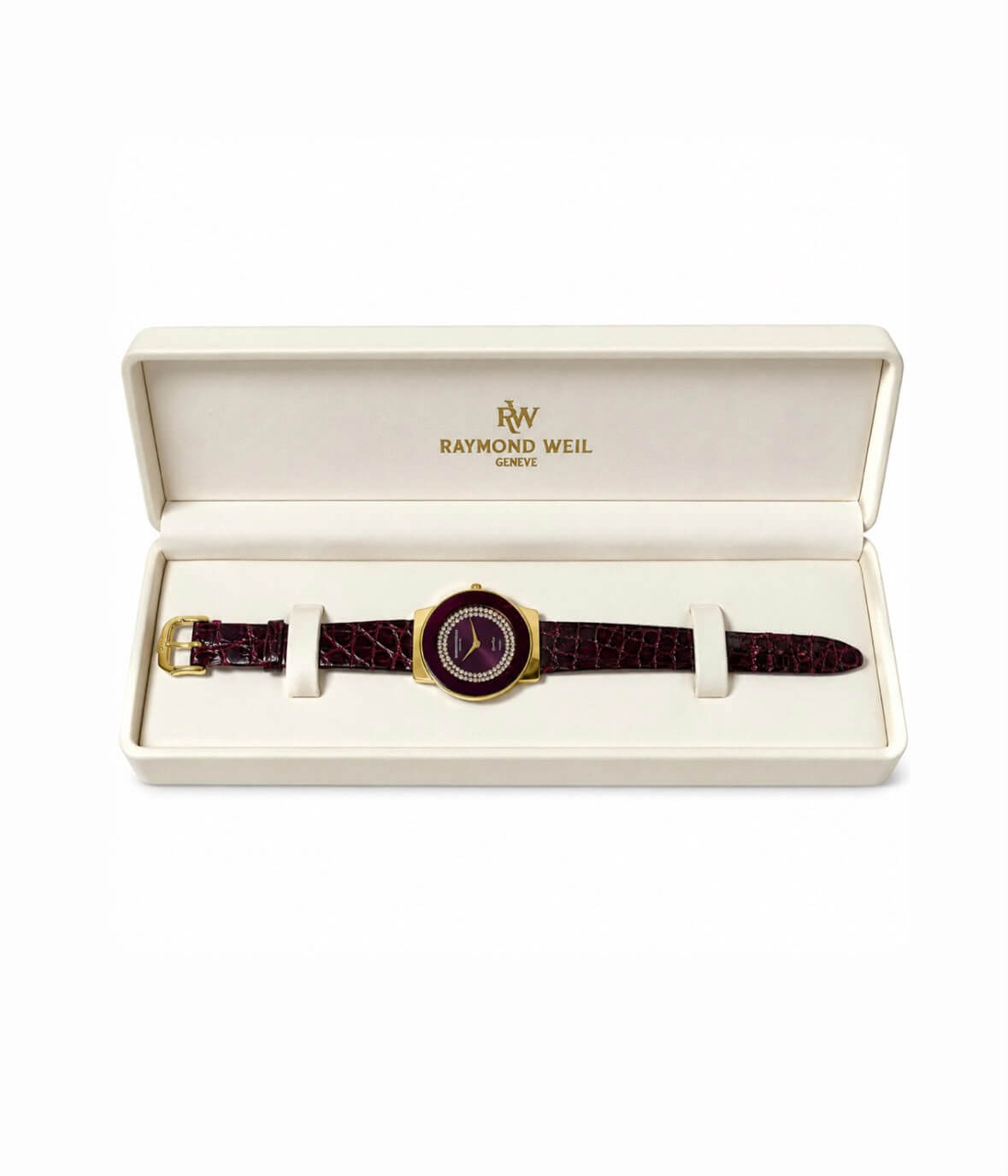 Raymond Weil Genève Othello Women’s Watch – Burgundy Dial, Gold-Tone Case – Used