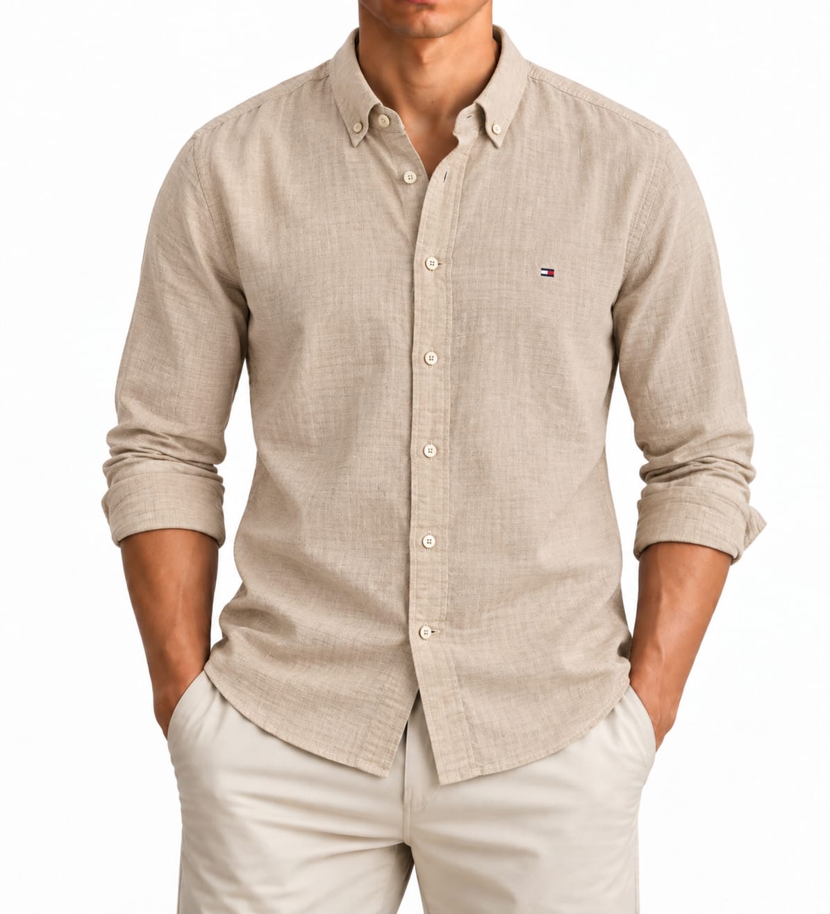Tommy Hilfiger Premium Linen Button-Down Shirt – Beige – XL