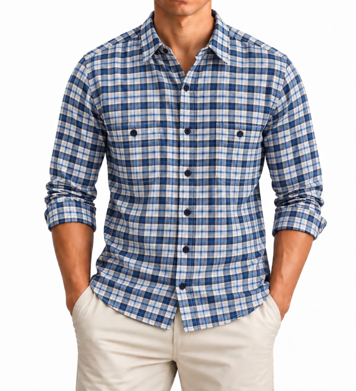 GAP Untucked Plaid Flannel Shirt – Blue & White – XXL