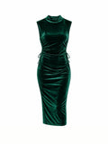 Emerald Green Velvet Ruched Midi Dress