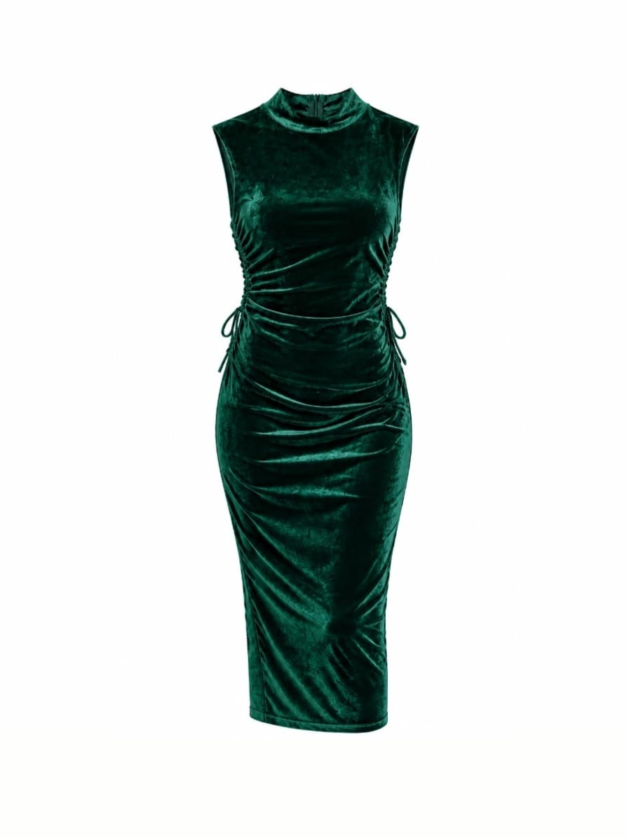 Emerald Green Velvet Ruched Midi Dress