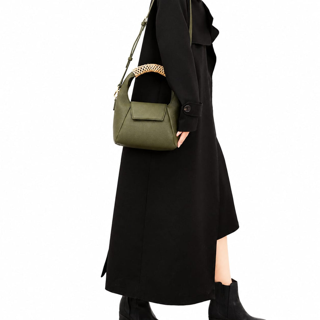 Olive Green Woven Handle Shoulder Bag