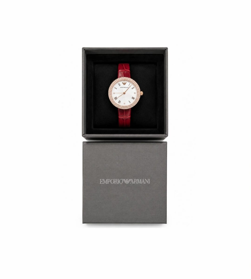 Emporio Armani Women’s Crystal Bezel Red Leather Watch – Rose Gold Tone
