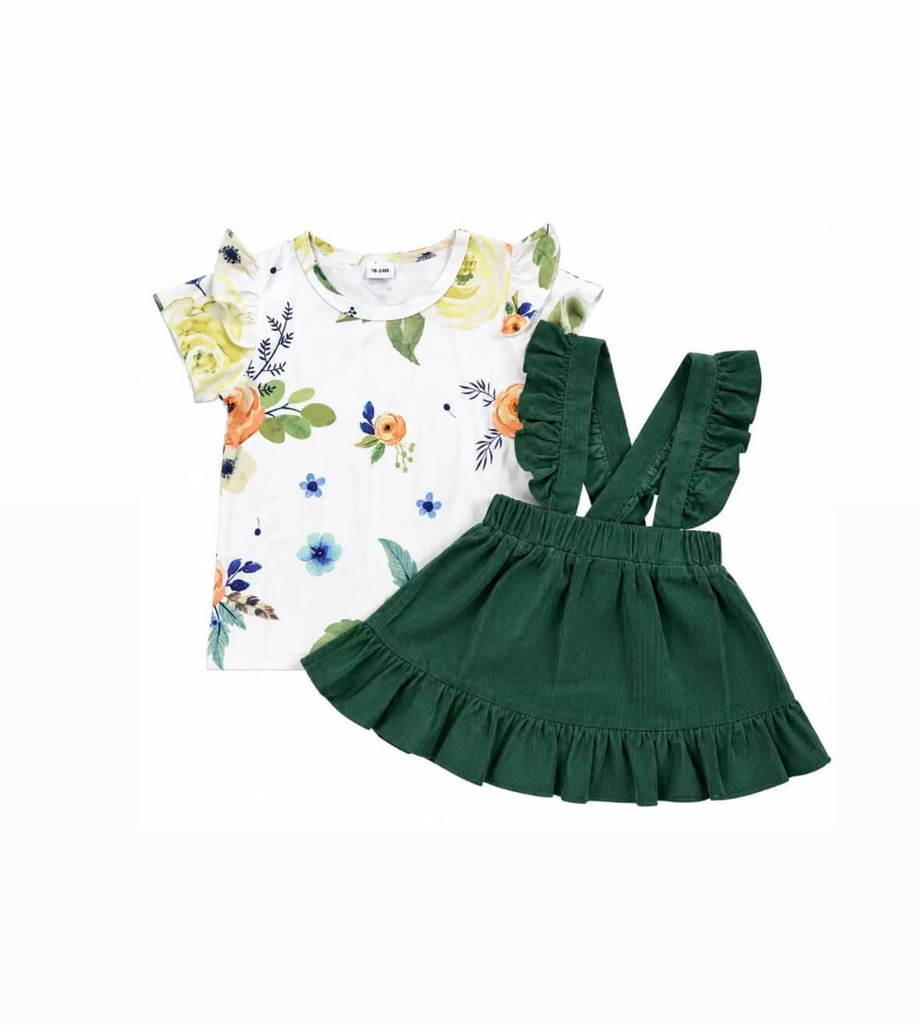 Floral T-Shirt & Ruffled Strap Skirt Set – Girls