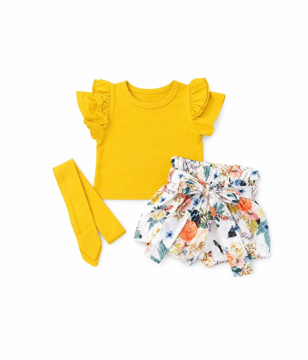 Baby Girl Solid Short-Sleeve Top & Shorts Set with Headband
